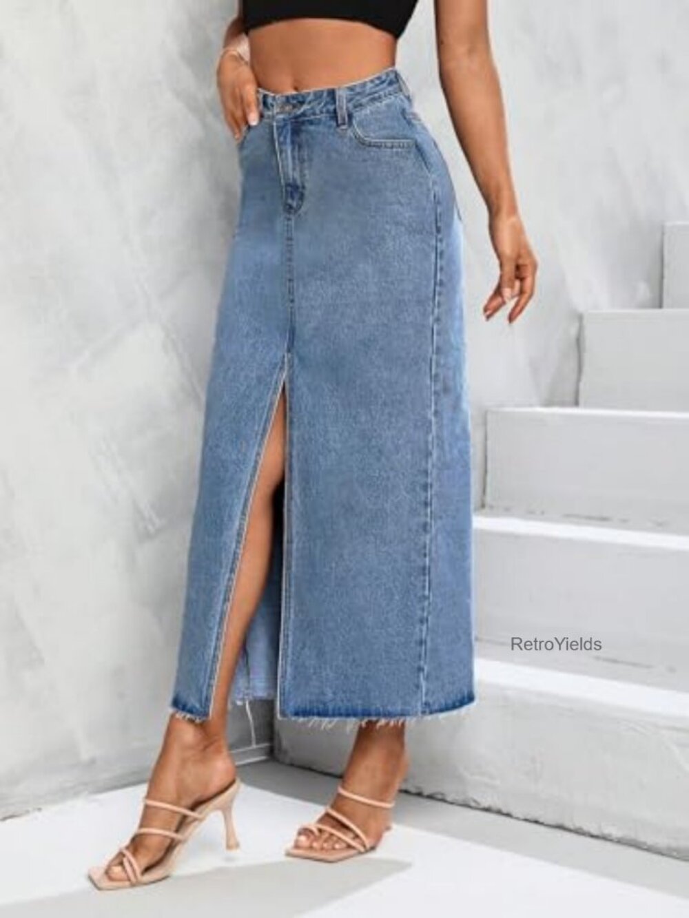 High Waist Stretch Maxi Denim Skirt Front Split Frayed Raw Hem A Line Casual - Picture 3 of 7